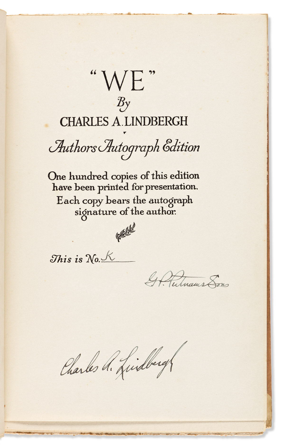 LINDBERGH, CHARLES A. We. Signed on the limitation page.